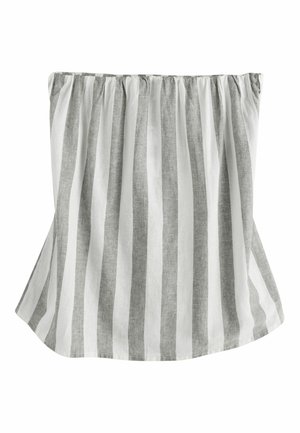 Off-shoulder top med striber i lysegråt og hvidt stof. Har en rynket halsudskæring og en udvidet silhuet. Fremstillet af en hørblanding.