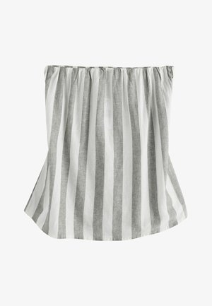 Dryžuotas pečius atidengiantis viršus šviesiai pilkos ir baltos spalvos audinyje. Turi surinktą kaklo liniją ir platėjančią siluetą. Pagamintas iš lino mišinio.