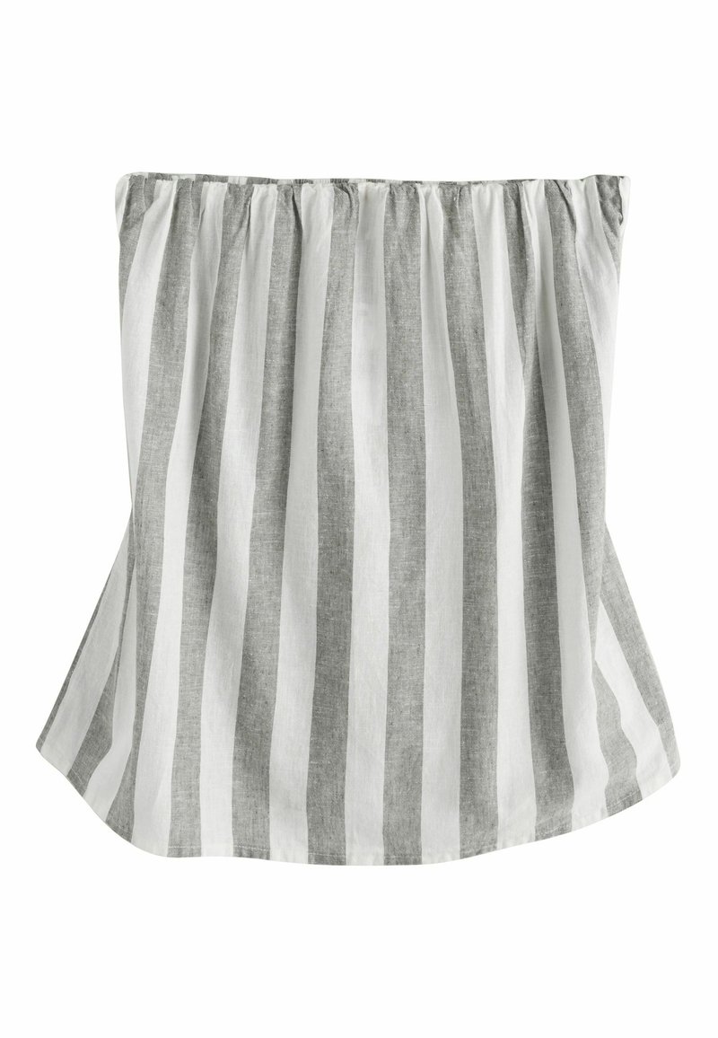 Haut rayé épaules dénudées en tissu gris clair et blanc. Comprend un col froncé et une silhouette évasée. Confectionné en mélange de lin.