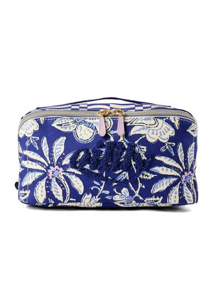 Bolsa rectangular de tela azul con motivos florales blancos, dos cremalleras rosas y un pequeño asa de tela en la parte superior.