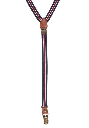 Bretelles à rayures bleu marine, blanc et rouge en forme de Y avec des accents en cuir marron et une pince métallique en bas.
