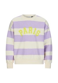 Lila- und cremegestreifter Pullover mit "PARIS" in Gelb bestickt, Rundhalsausschnitt und elastischen Bündchen, aus weichem Stoff gefertigt.