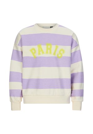 Lila- und cremegestreifter Pullover mit "PARIS" in Gelb bestickt, Rundhalsausschnitt und elastischen Bündchen, aus weichem Stoff gefertigt.