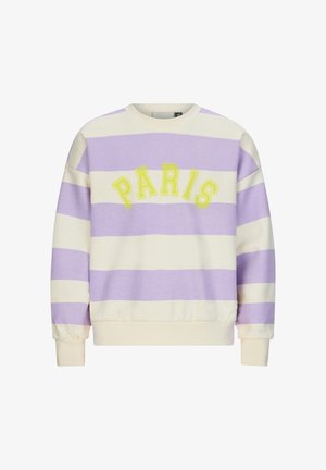 Paars en crèmekleurige gestreepte sweatshirt met "PARIS" geborduurd in het geel, ronde hals en elastische manchetten, gemaakt van zachte stof.