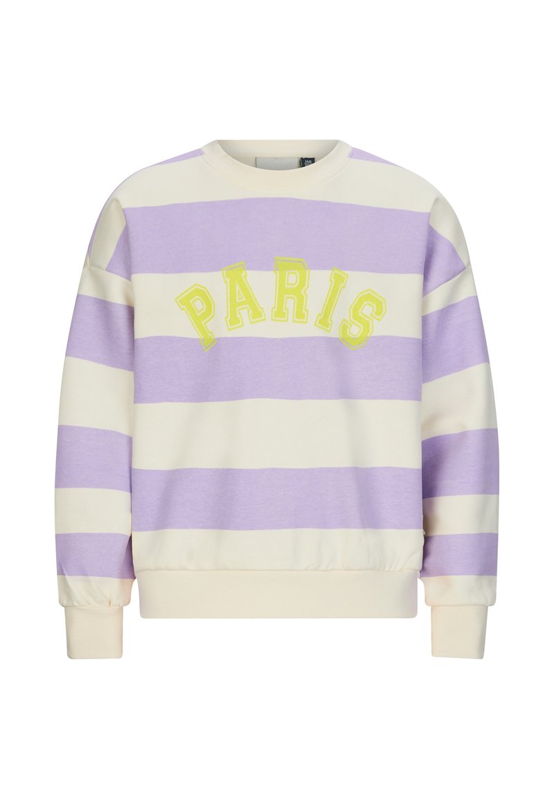 Lila- und cremegestreifter Pullover mit "PARIS" in Gelb bestickt, Rundhalsausschnitt und elastischen Bündchen, aus weichem Stoff gefertigt.