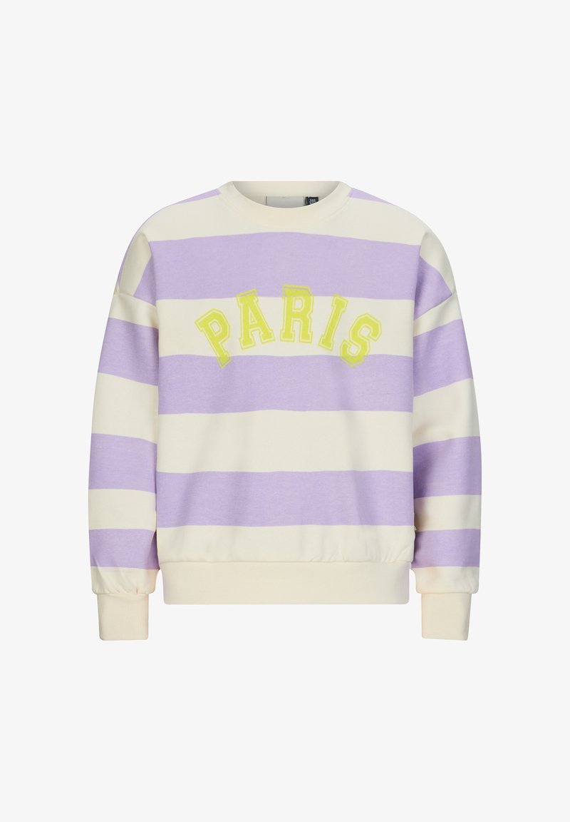 Lila- und cremegestreifter Pullover mit "PARIS" in Gelb bestickt, Rundhalsausschnitt und elastischen Bündchen, aus weichem Stoff gefertigt.