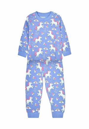 Een eenhoorn-thema pyjama_set in lichtblauw katoen met lange mouwen en cuffs. Bevat herhalende eenhoorns, regenbogen en bloemen in levendige kleuren.