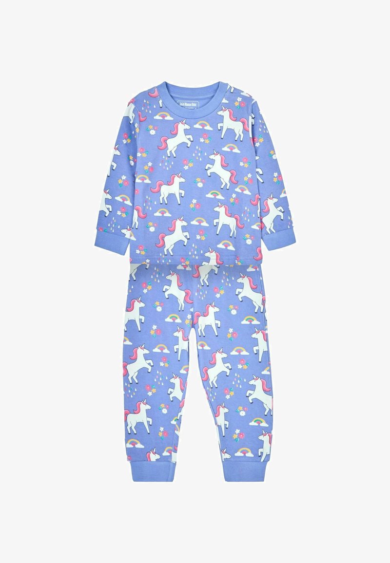 Ensemble de pyjama sur le thème des licornes en coton bleu clair avec des manches longues et des poignets. Présente des licornes, des arcs-en-ciel et des fleurs à motifs répétitifs dans des couleurs vives.