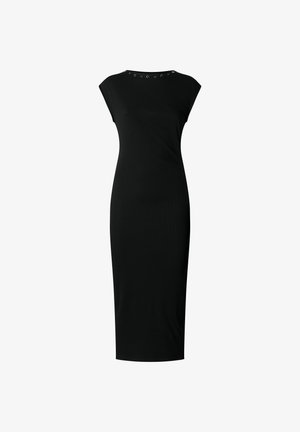 Rochie midi neagră cu o siluetă ajustată, mâneci scurte și eyeleturi metalice decorative pe decolteu. Textură netedă și design minimalist.