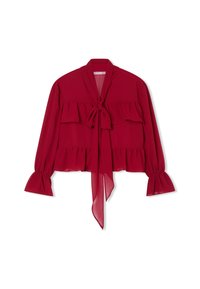 Blusa in chiffon rosso con maniche lunghe, strati arricciati, un fiocco al collo e polsini a campana. Tessuto leggero e fluido.