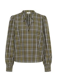 Blouse à carreaux verts avec manches longues bouffantes, fermeture nouée au col et poignets élastiqués. Fabriquée en tissu léger avec des accents blancs et noirs.