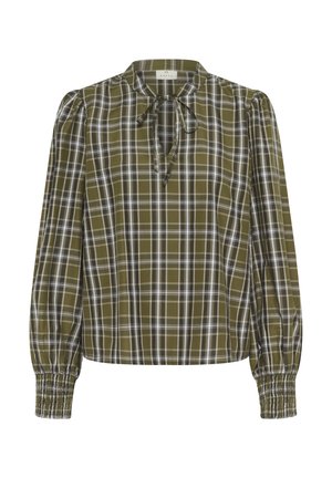 Green plaid blouse with long puff sleeves, a tie neck closure, and elasticized cuffs. Made from lightweight fabric featuring white and black accents.