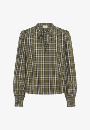 Green plaid blouse with long puff sleeves, a tie neck closure, and elasticized cuffs. Made from lightweight fabric featuring white and black accents.