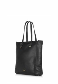 Czarna skórzana torba na ramię o fakturze z małymi wypukłościami, z dwoma paskami na ramię, złotymi akcentami oraz minimalistycznym wzornictwem.