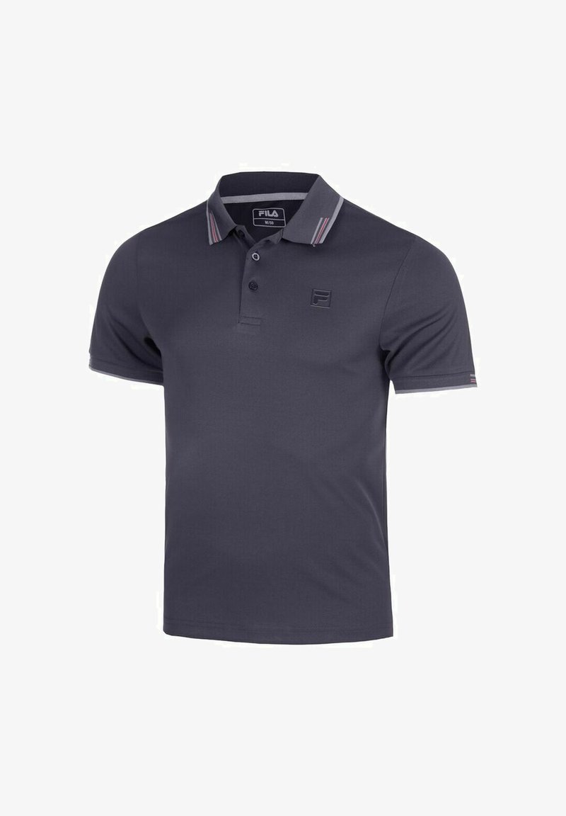 Marineblauwe poloshirt van zacht materiaal, met een drieknopssluiting, gestreepte kraagaccenten en een klein merklogo op de borst.