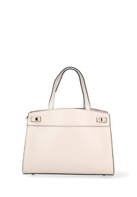 Beige handtasche aus leder mit strukturiertem design, doppelten oberen griffen, akzenten aus goldfarbenem metall und kontrastierenden schwarzen nähten.
