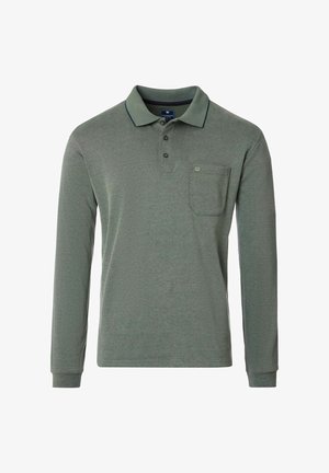 Long-sleeve polo shirt made from a textured, olive-green fabric. Features a classic collar, three-button placket, and a chest pocket.