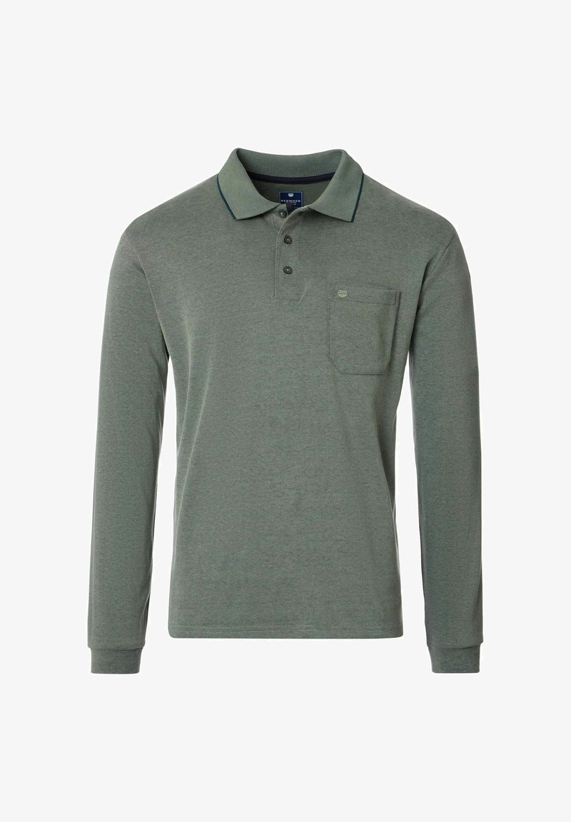 Polo met lange mouwen van een gestructureerde, olijfgroene stof. Voorzien van een klassiek kraag, een placket met drie knopen en een borstzak.