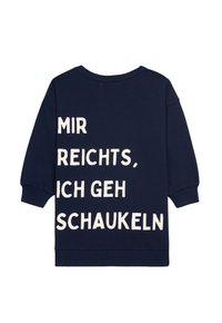 Navyblauer Sweatshirt mit langen Ärmeln, auf der Rückseite mit großen weißen Buchstaben: "MIR REICHTS, ICH GEH SCHAUKELN". Aus weichem Baumwollmaterial.