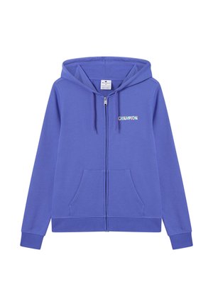 Felpa con zip viola con tasche anteriori, cappuccio regolabile con coulisse e piccolo logo "Champion" multicolore sul petto a sinistra.