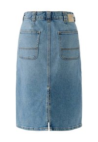 Hellblauer Jeansrock mit zwei aufgesetzten Gesäßtaschen, Gürtelschlaufen und einem Schlitz in der Mitte hinten am Saum.