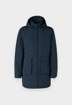 Manteau matelassé bleu marine avec capuche, présentant une coupe droite, deux poches avant et une fermeture frontale. Texture lisse sans motifs visibles.