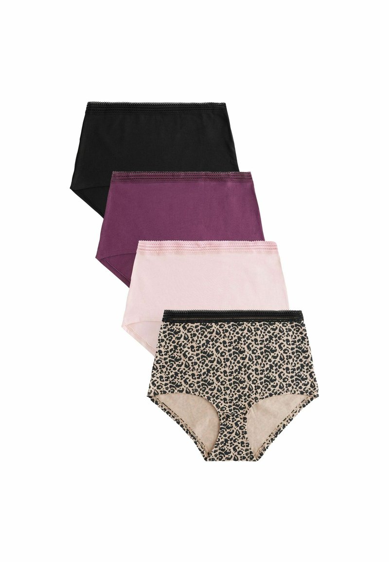 Fyra par damunderkläder: svart, mörklila, ljusrosa och ett leopardmönster. Tillverkade av mjukt tyg med elastiska midjeband.
