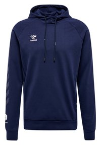 Navyblauwe hooded sweatshirt met een geribde onderrand en manchetten, trekkoorden bij de hals en een wit logo en details op de mouwen.