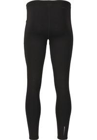 Schwarze Leggings aus dehnbarem Stoff, mit hoher Taille, schmaler Passform und einem kleinen reflektierenden Detail nahe dem Knöchel.