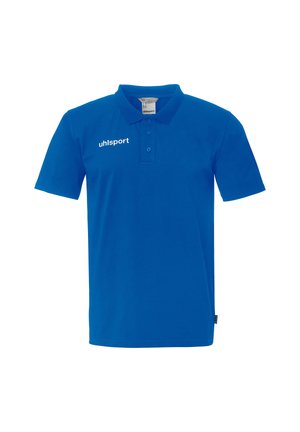 Blå kortærmet polo med krave og tre knapper, med hvidt "uhlsport"-logo på venstre bryst.
