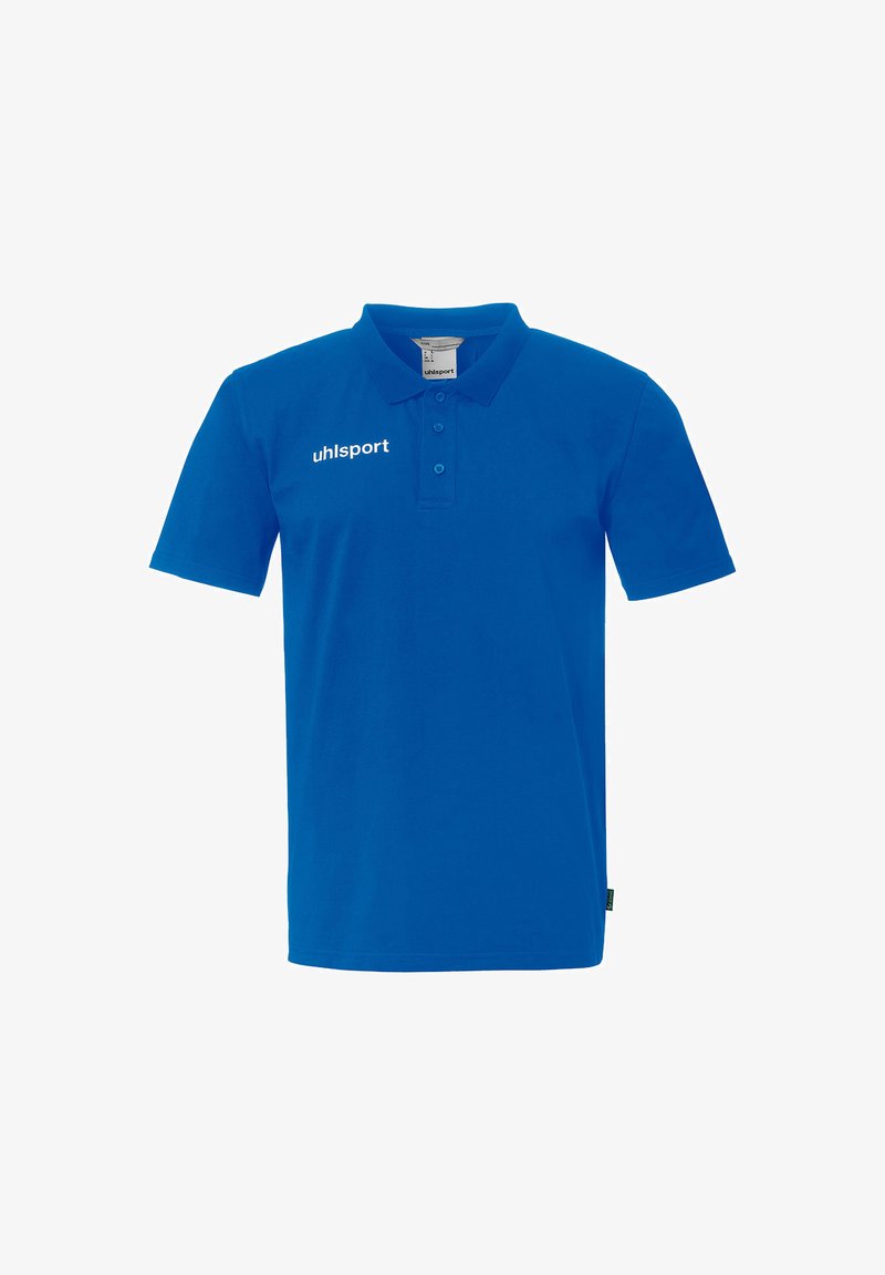 Blaues Kurzarm-Poloshirt mit Kragen und drei Knöpfen, mit weißem "uhlsport"-Logo auf der linken Brust.