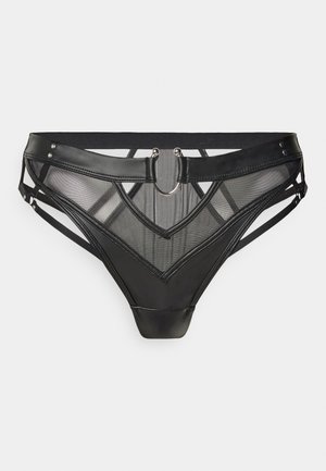 Lencería negra que presenta una combinación de malla y material suave, con un diseño geométrico y acentos metálicos en la parte delantera.