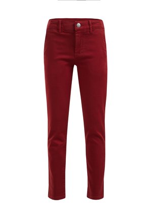 Slim fit bukser i ensfarvet mørkerød med forreste knap, lynlås og bæltestropper på en hvid baggrund.