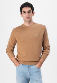 Pulover tricotat maro cu guler rotund și mansete cu model, având un mic logo verde pe piept. Purtați-l cu blugi bleu deschis.