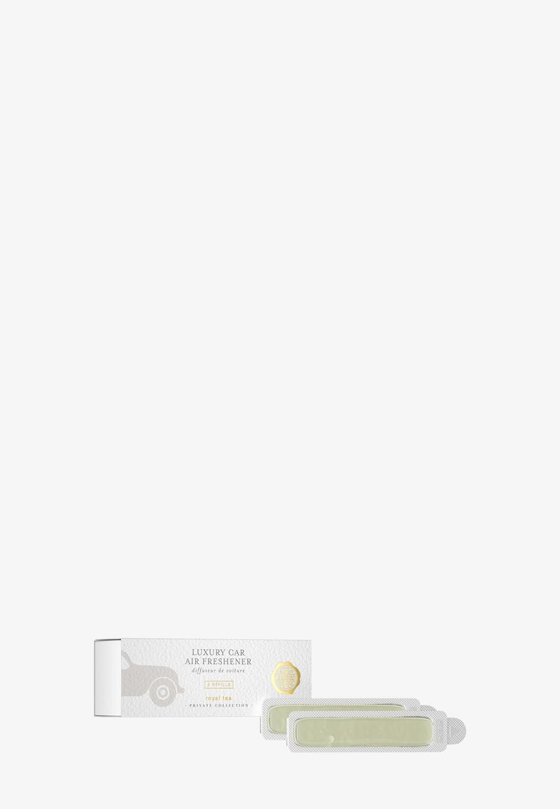 Set di deodoranti per auto di lusso in una scatola bianca con accenti verde chiaro. Contiene due diffusori in gel dalla consistenza liscia.