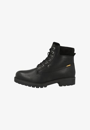 Black leather ankle boots with a sturdy rubber sole, lace-up design, suede accents, and a side zipper for easy wear.