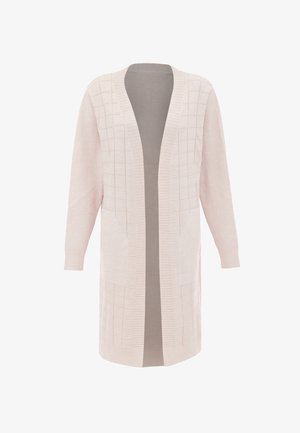 Hellrosa Strickjacke mit langen Ärmeln, V-Ausschnitt, offener Front, strukturiertem Gittermuster und zwei vorderen Taschen. Rippbündchen und Saum.