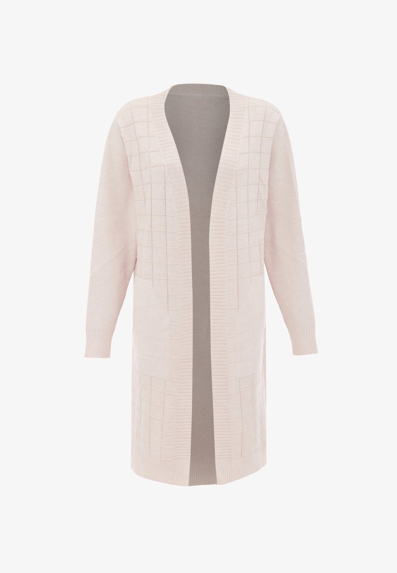 Cardigan rosa chiaro con maniche lunghe, scollo a V, apertura frontale, motivo a griglia testurizzato e due tasche frontali. Polsini e orlo a costine.
