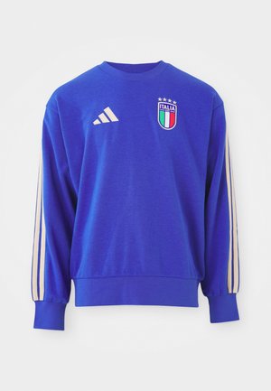 Felpa blu con maniche lunghe, polsini a costine e collo rotondo. Include un logo Italia e tre strisce beige lungo le maniche.