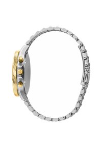 Orologio in acciaio inossidabile con lunetta dorata, cassa circolare e bracciale a maglie. Presenta tre pulsanti e una lunetta testurizzata. Chiusura regolabile.