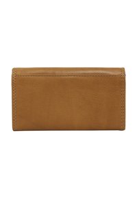 Rectangular tan leather wallet with visible stitching along edges, shown closed against a white background.
