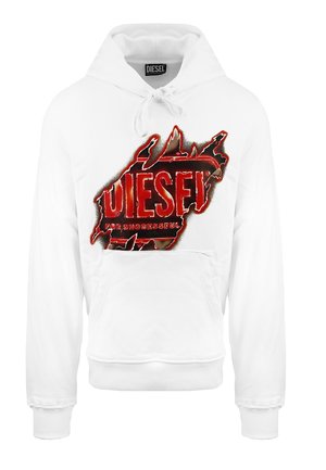 Witte hoodie met kangoeroezak, rood en zwart versleten Diesel-logo graphic in het midden, en een capuchon met trekkoord.
