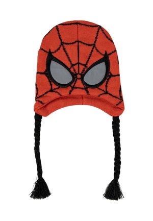 Rode gebreide wintermuts met zwart spinnenwebpatroon, grote grijs reflecterende Spider-Man ogen en zwarte gevlochten franjes aan elke kant.