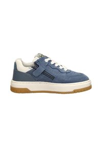 Blue suede and leather sneaker with white laces, a white inner lining, and a gum rubber sole. Features a side zipper and Velcro strap.