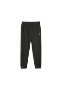 Pantaloni sportivi neri con taglio affusolato, cintura elastica, tasche laterali e logo bianco Puma sulla coscia sinistra. Tessuto liscio.