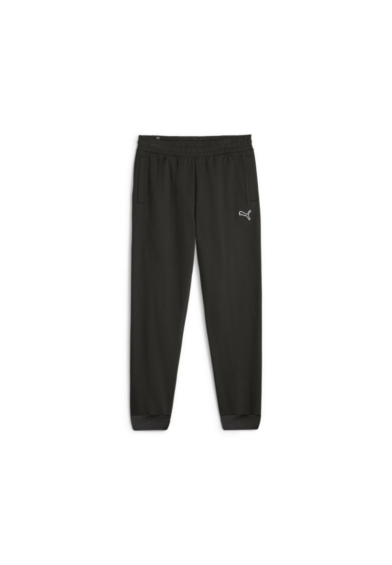 Pantaloni sportivi neri con taglio affusolato, cintura elastica, tasche laterali e logo bianco Puma sulla coscia sinistra. Tessuto liscio.
