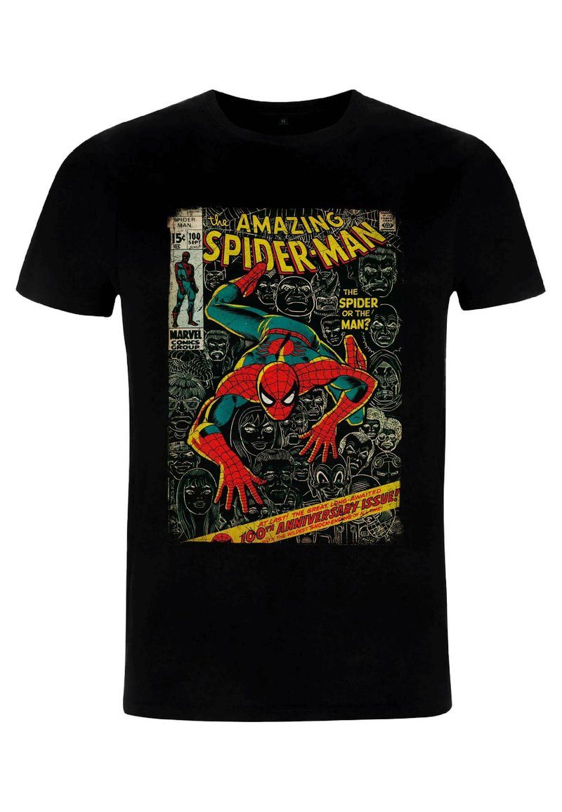 Černé tričko s barevným komiksovým potiskem Spider-Mana, s výraznými červenými a modrými barvami a vintage komiksovým textem a ilustracemi.