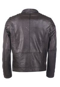 Braune Lederjacke mit glatter Textur, gestaltet mit gesteppter Schulterakzentuierung und Stehkragen, verfügt über eine taillierte Rückennaht.