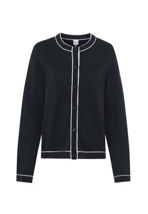 Navy cardigan with white piping, round neckline, long sleeves, and button closure. Soft knit fabric with a fitted silhouette.