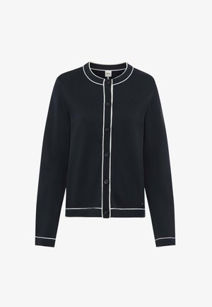 Navy cardigan with white piping, round neckline, long sleeves, and button closure. Soft knit fabric with a fitted silhouette.